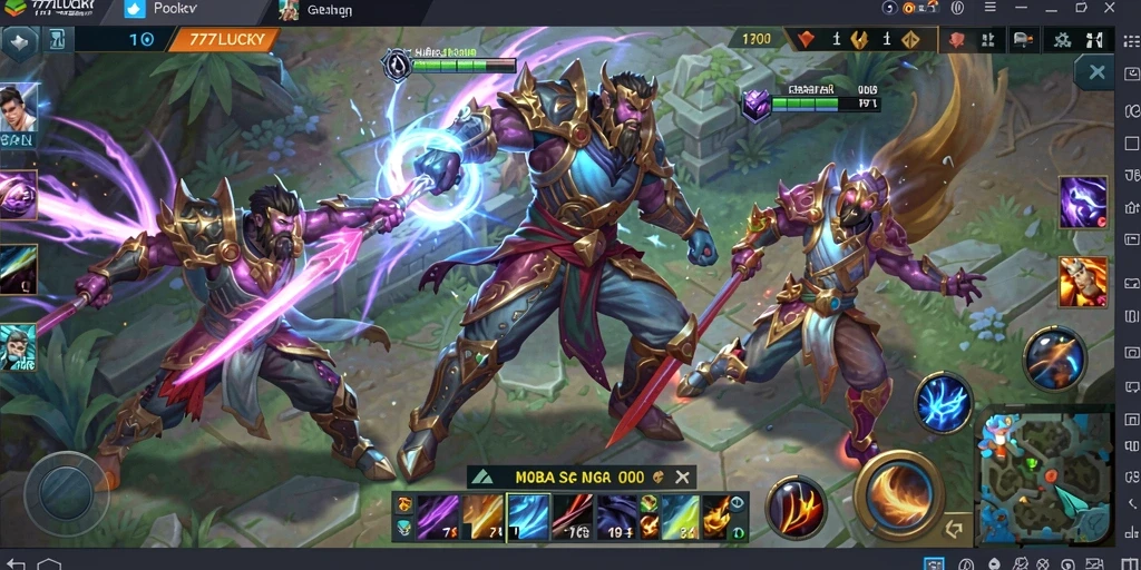 Tampilan gameplay epik dalam 777LUCKY dengan karakter dan arena menarik.