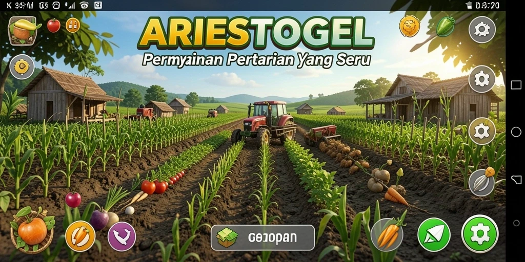 Tampilan gameplay ARIESTOGEL dengan ladang pertanian yang indah.