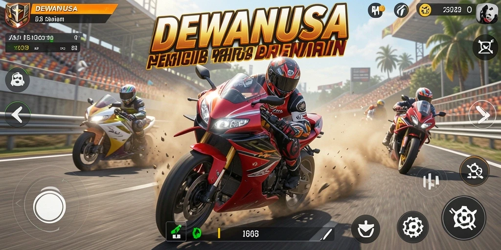 Screenshot gameplay DEWANUSA menampilkan aksi balapan motor yang mendebarkan.