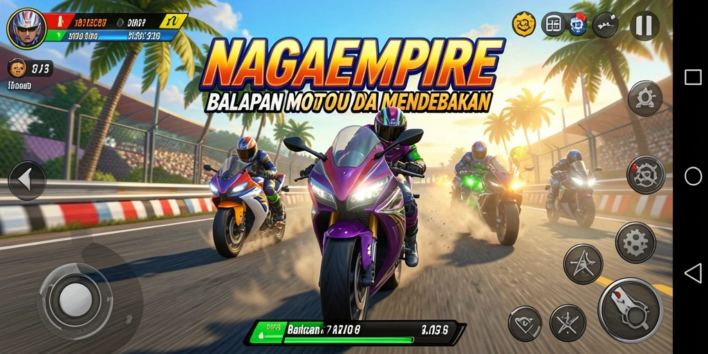 Tampilan gameplay NAGAEMPIRE dengan aksi balapan motor yang mendebarkan.